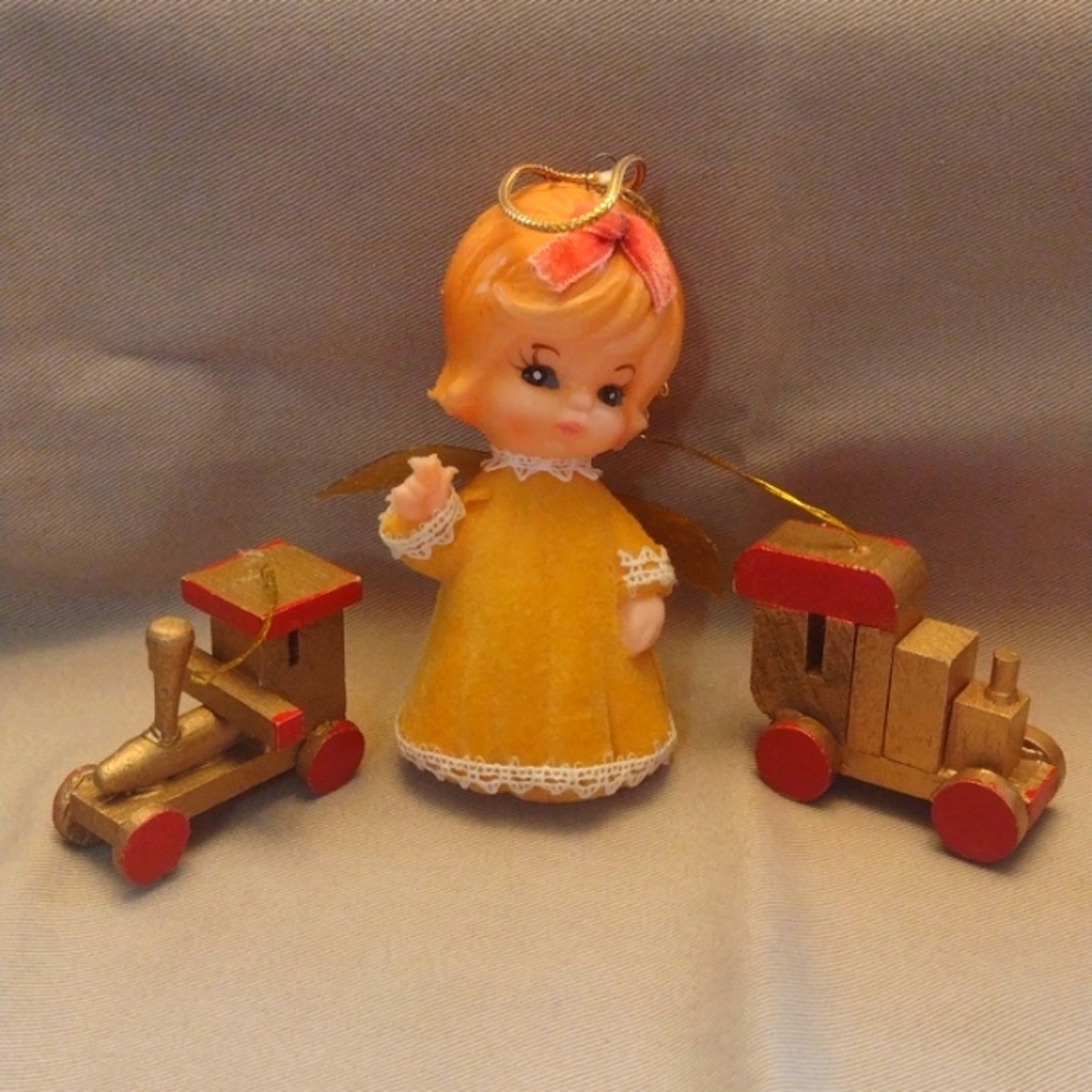 Vintage Christmas ornaments: angel and train locomotives
